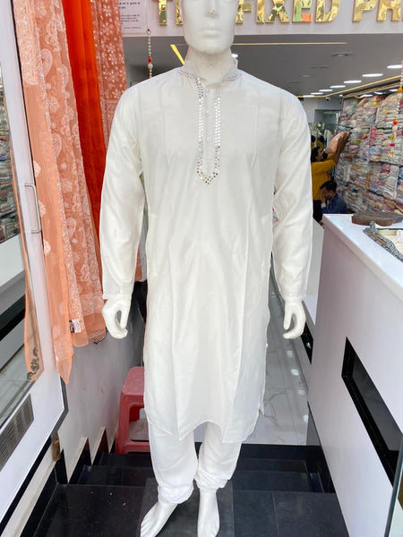 Veersons Chanderi Kurta Pajama Set with Mirror Embellishment - Veersons-Chikankari Studio