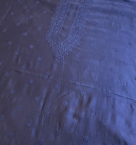 Veersons Chikankari Navy Blue Gents Pure Chanderi Lucknowi Chikankari Unstitched Kurta