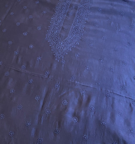 Veersons Chikankari Navy Blue Gents Pure Chanderi Lucknowi Chikankari Unstitched Kurta