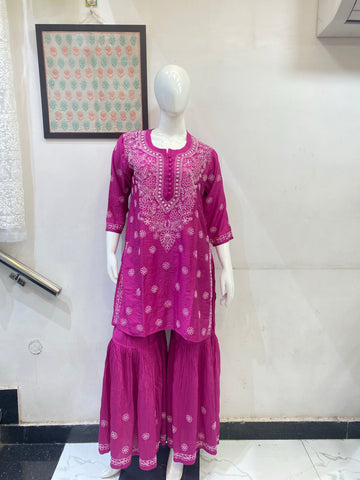 Veersons Chikankari Hand-Embroidered Metallic Shade Pure Chanderi Lucknowi Chikankari Garara Set SuccessActive