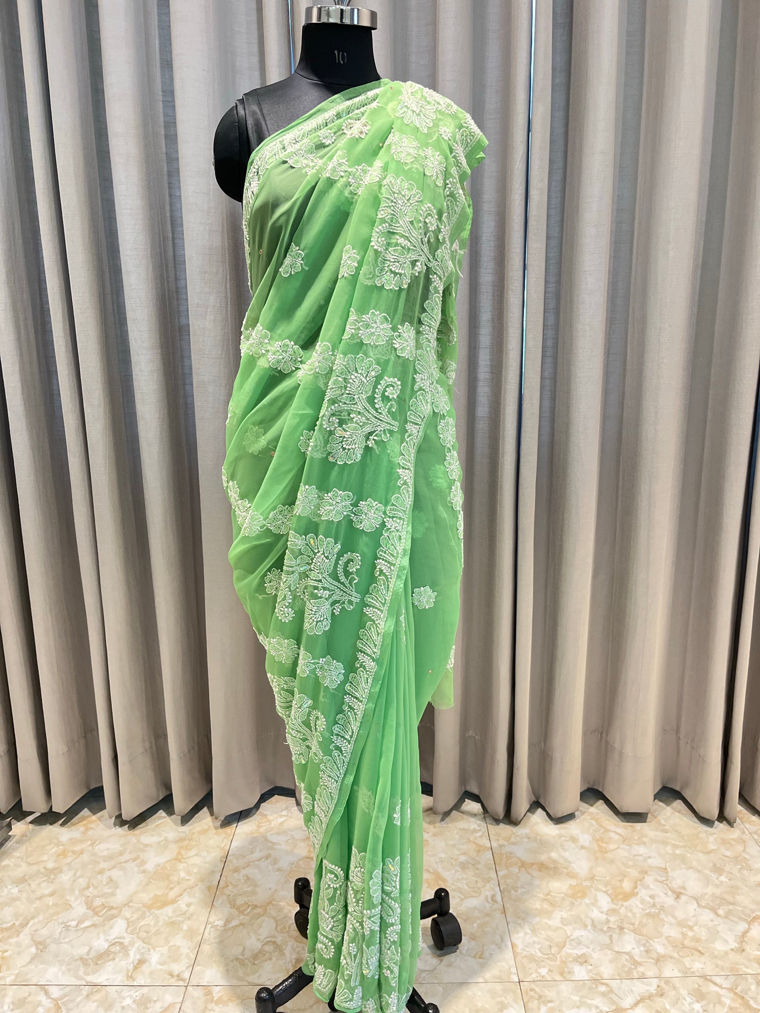 Veersons Chikankari Semi Georgette Green Lucknowi Chikankari Saree with sequin embellishment